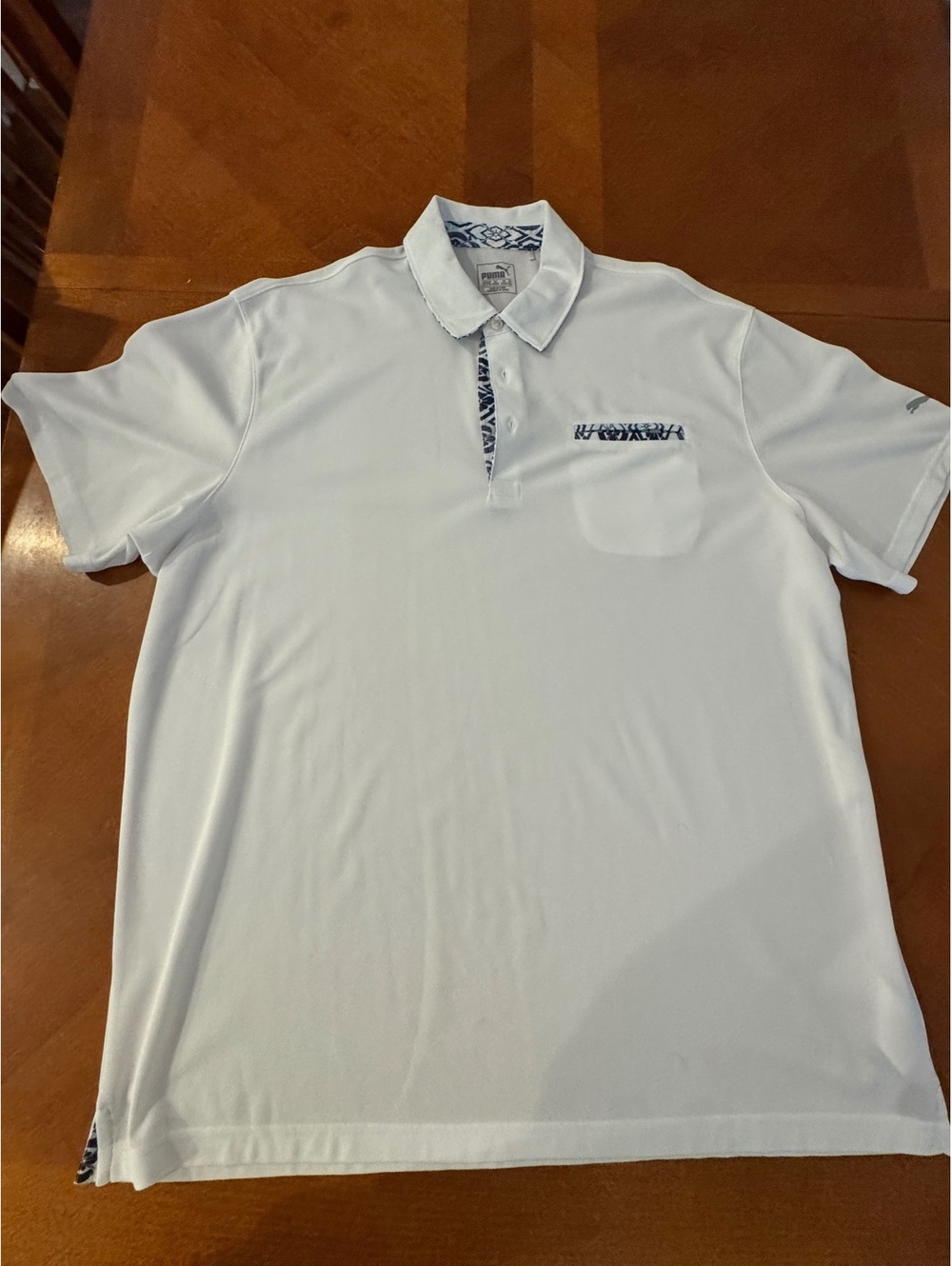 Puma Men's White Polo Shirt with Blue Pattern Accents Size XXL d525